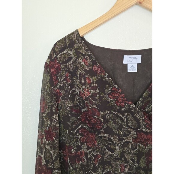 Ann Taylor LOFT Womens Top Blouse Long Bell Sleeve Floral Silk Size 14 Brown - Picture 4 of 10